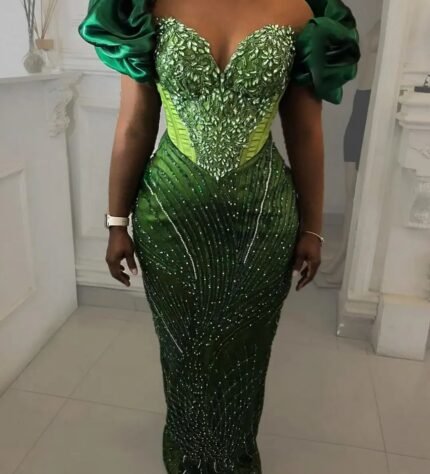 NIGERAIN GREEN COLOUR BEADED GEORGE FABRIC