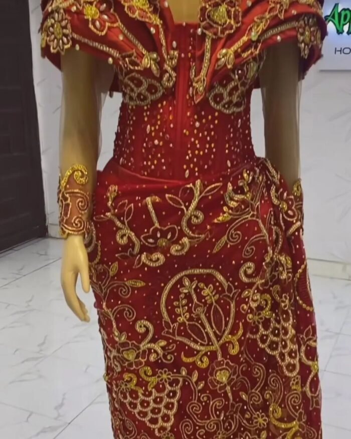 NIGERAIN MEGENTA RED COLOUR BEADED GEORGE FABRIC - Image 1