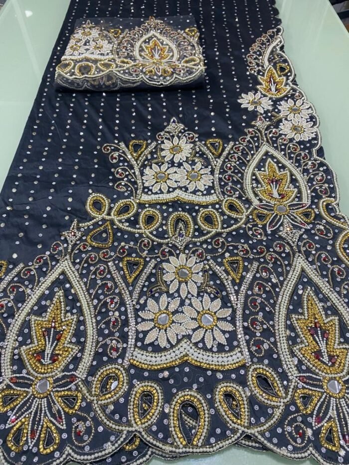 NIGERAIN BLACK COLOUR BEADED GEORGE FABRIC - Image 1