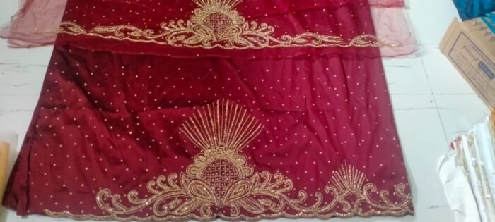 NIGERAIN MEGENTA RED COLOUR BEADED GEORGE FABRIC - Image 1