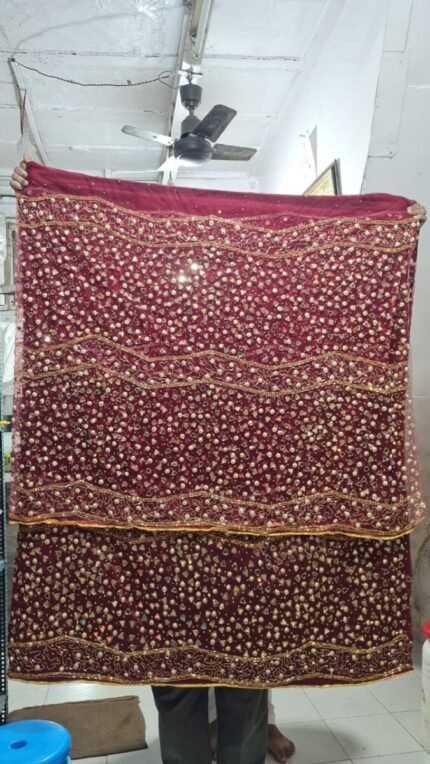 NIGERAIN DARK RED COLOUR BEADED GEORGE FABRIC