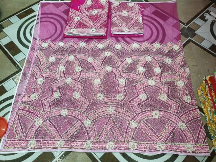 NIGERAIN PINK COLOUR BEADED GEORGE FABRIC - Image 1