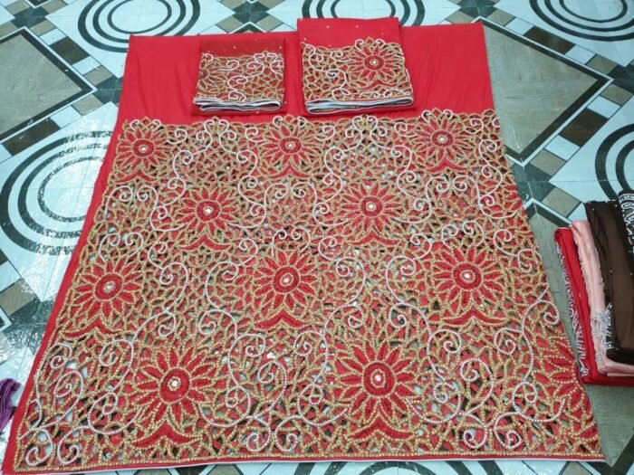 NIGERAIN RED COLOUR BEADED GEORGE FABRIC - Image 1