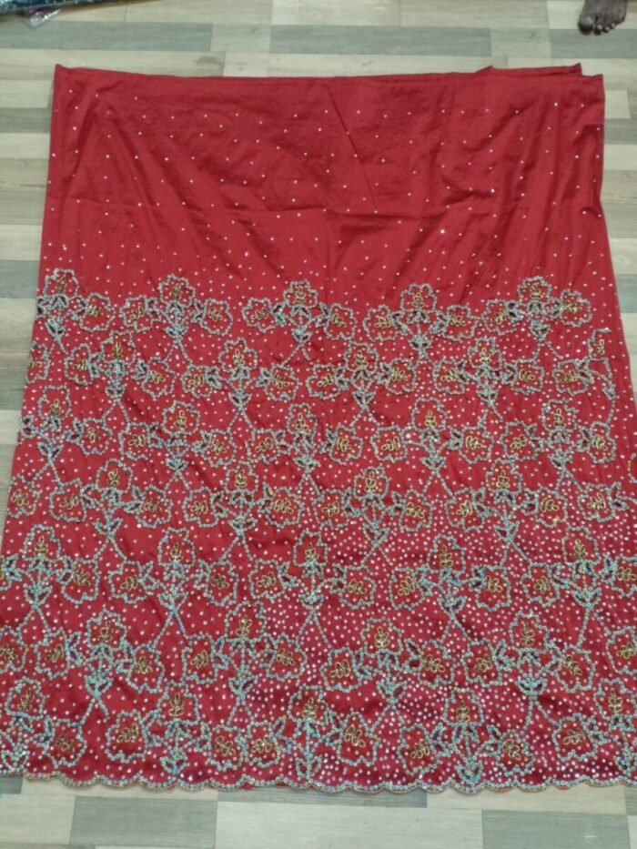 NIGERAIN RED COLOUR BEADED GEORGE FABRIC - Image 1