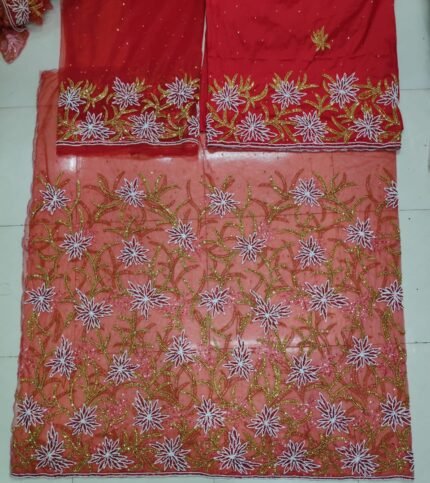 NIGERAIN RED COLOUR BEADEDGEORGE FABRIC