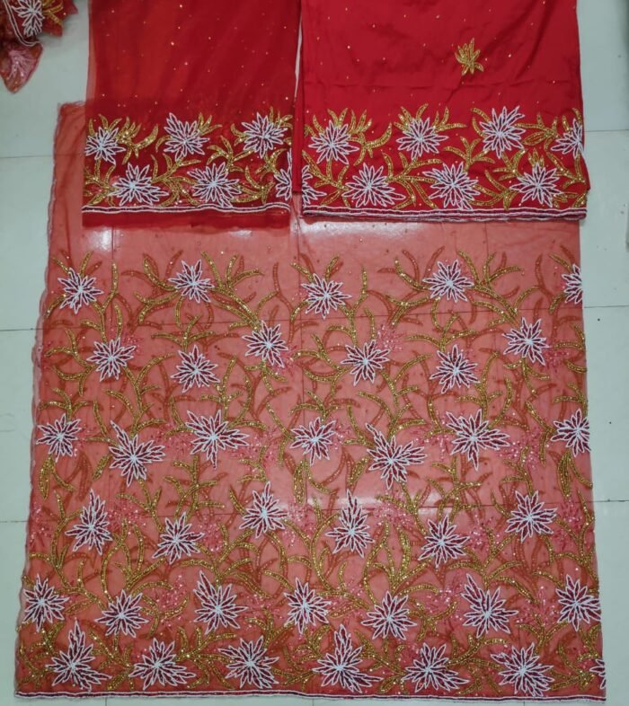 NIGERAIN RED COLOUR BEADEDGEORGE FABRIC - Image 1
