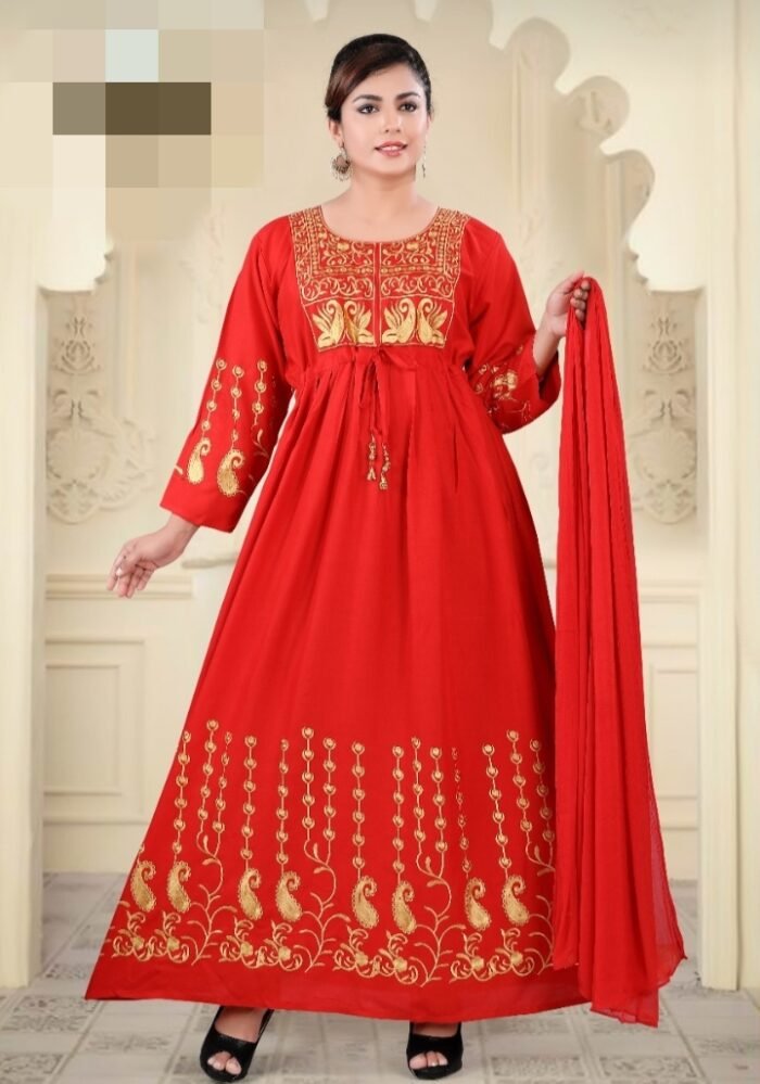 RED COLOUR RAYYON COTTON KURTI WITH SCARF - Image 1