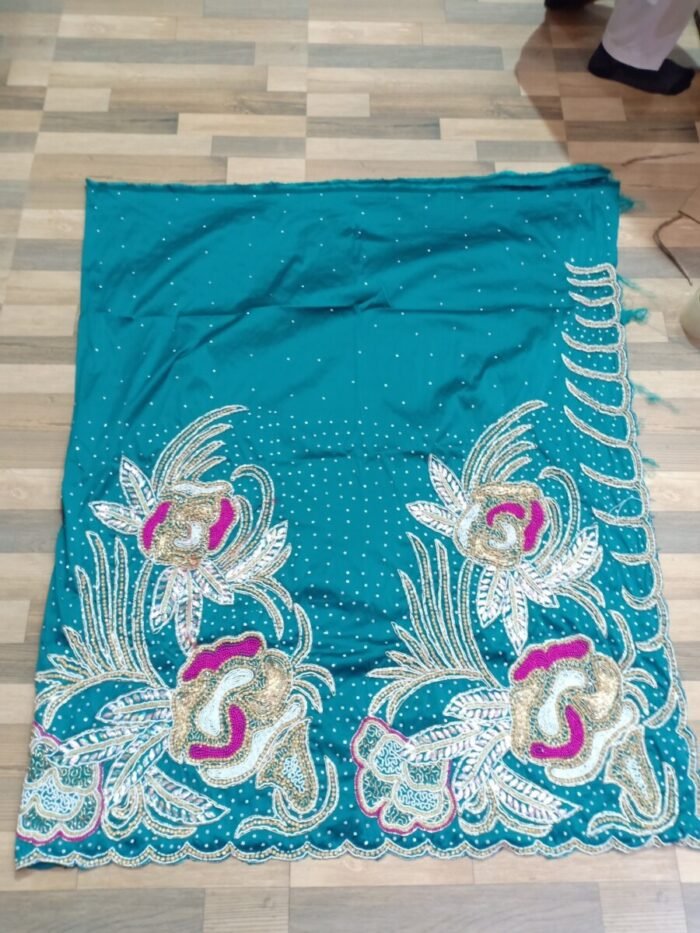 NIGERAIN GREEN COLOR BEADED GEORGE FABRIC - Image 1