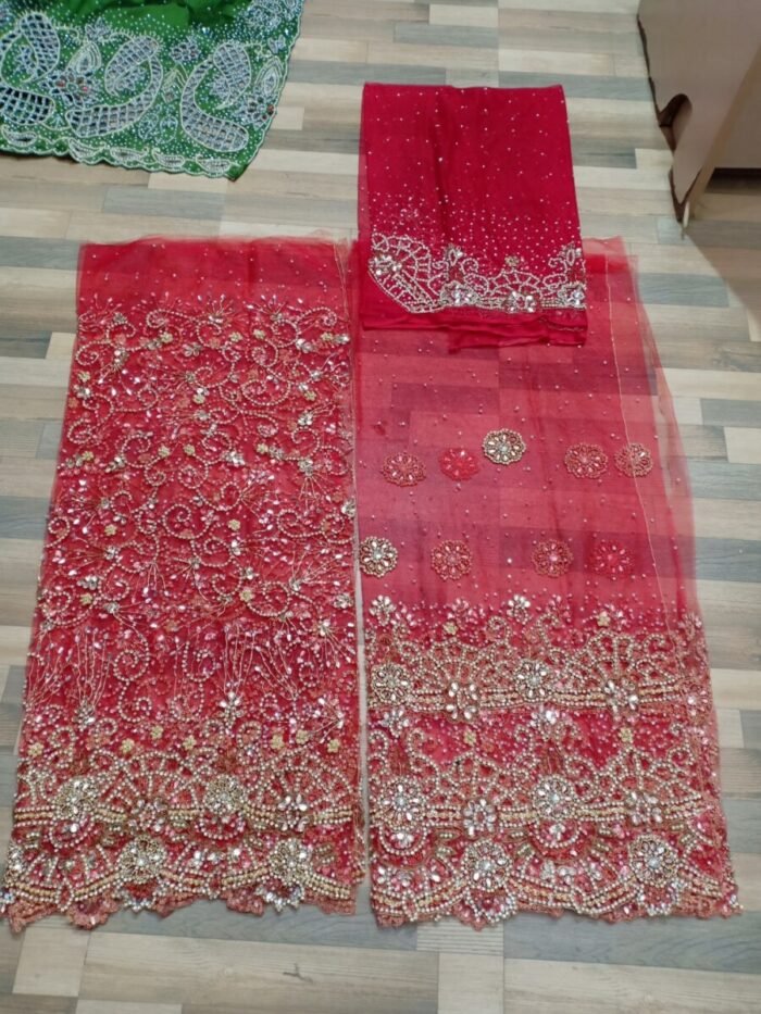NIGERAIN RED COLOUR BEADED GEORGE FABRIC - Image 1