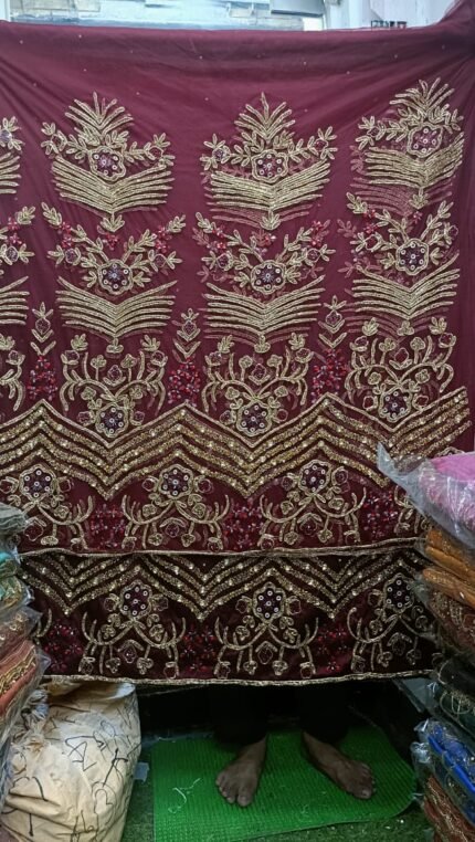 NIGERAIN DARK RED COLOUR BEADED GEORGE FABRIC