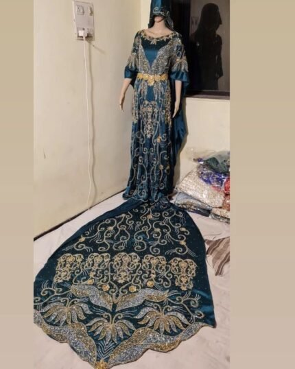 NIGERAIN DARK GREEN BEADED GEORGE FABRIC