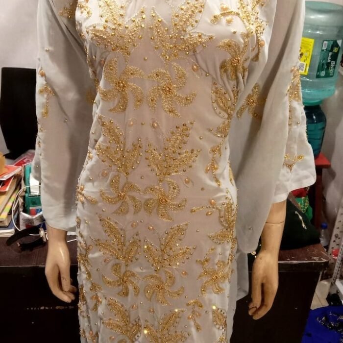 NIGERAIN WHITE COLOUR BEADED GEORGE FABRIC - Image 2