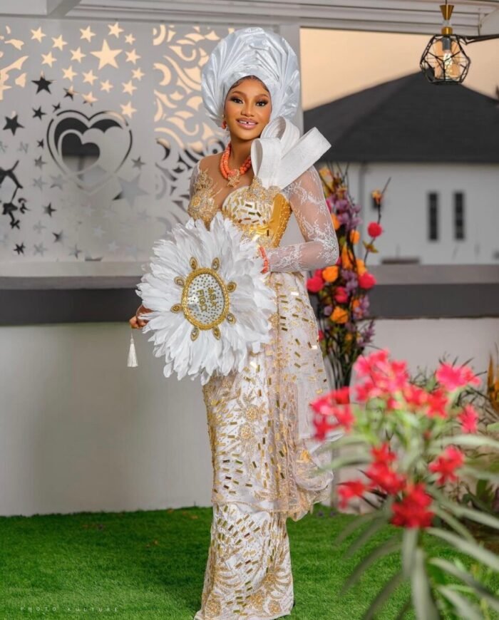 NIGERAIN WHITE COLOUR BEADED GEORGE FABRIC - Image 1
