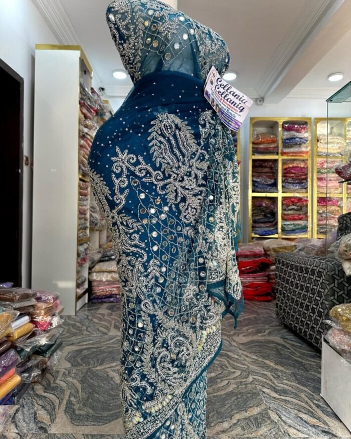 NIGERAIN NAVI PURPULE BEADED GEORGE FABRIC - Image 1