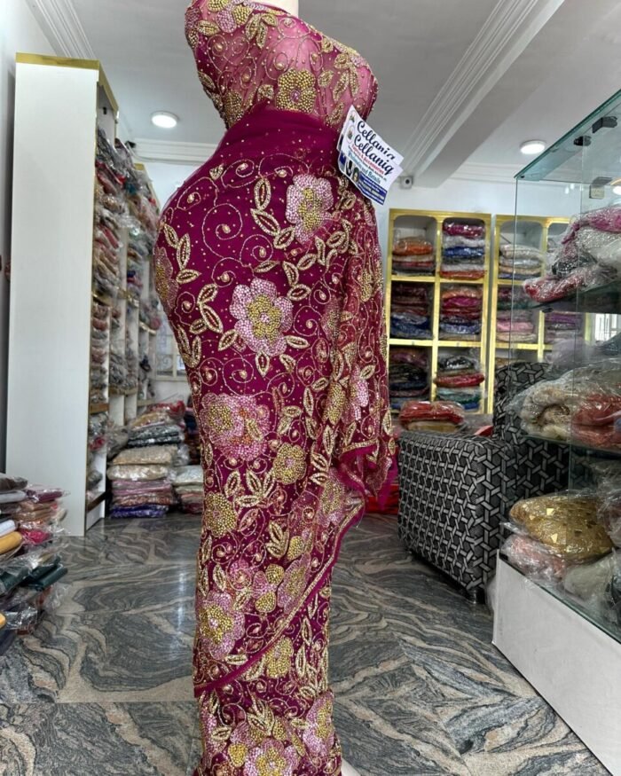 NIGERAIN PINK COLOUR BEADED GEORGE FABRIC - Image 1