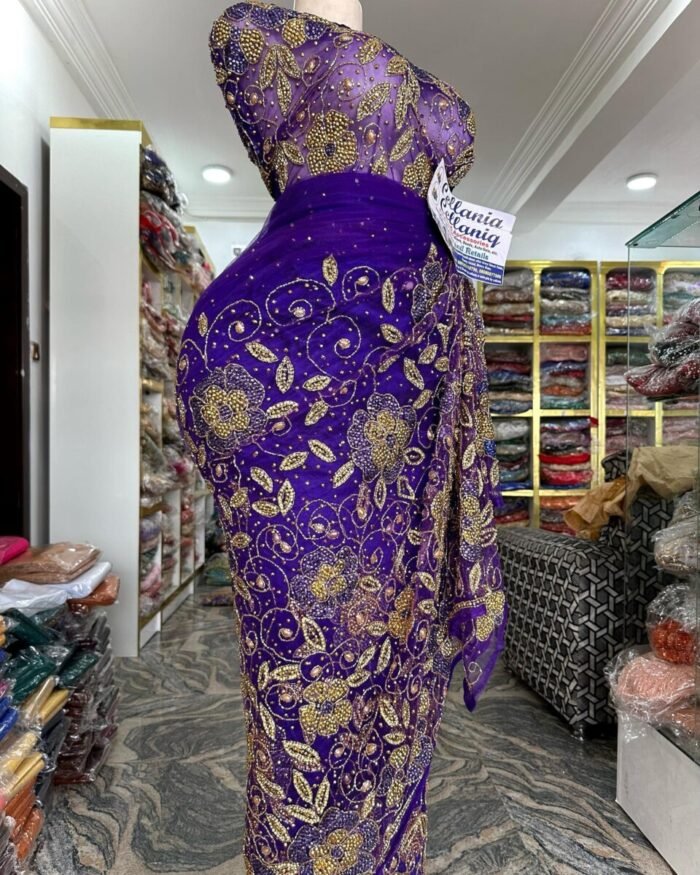 NIGERAIN NAVI BLUE COLOUR BEADED GEORGE FABRIC - Image 1