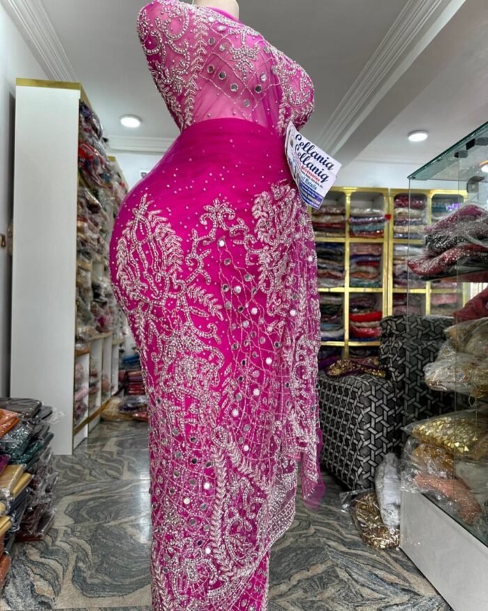 NIGERAIN BABY PINK BEADED GEORGE FABRIC - Image 1