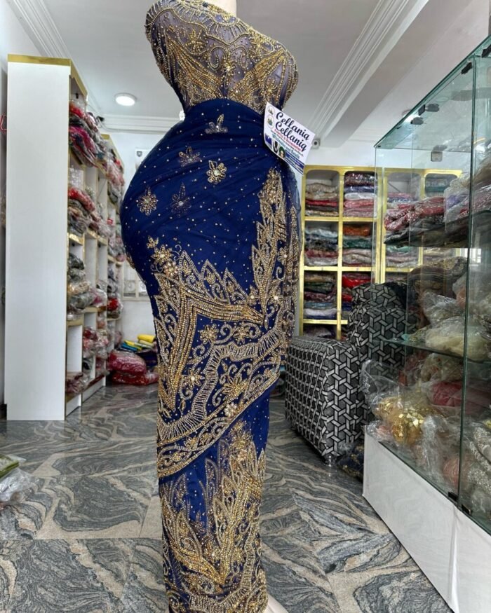 NIGERAIN NAVI BLUE COLOUR BEADED GEORGE FABRIC - Image 1