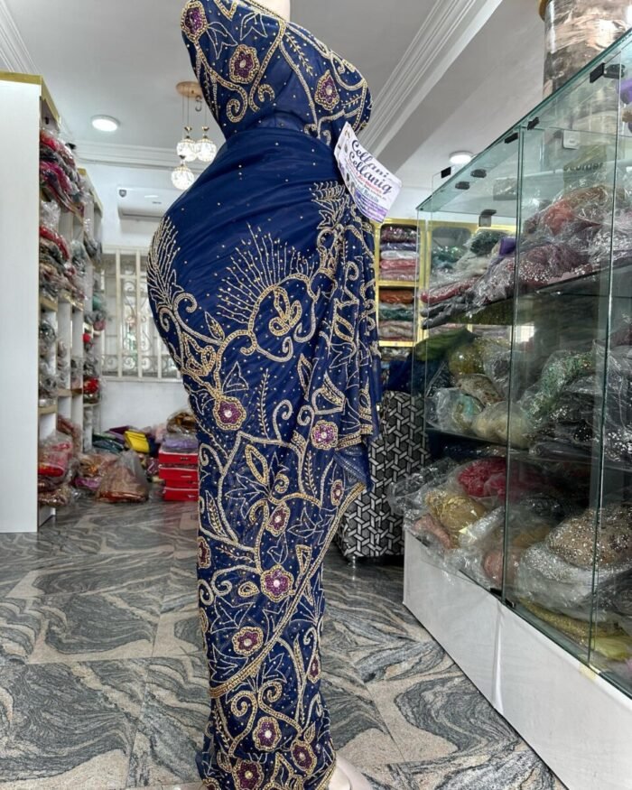 NIGERAIN NAVI BLUE COLOUR BEADED GEORGE FABRIC - Image 1