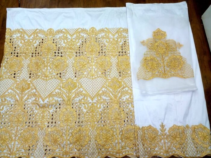NIGERAIN WHITE COLOUR BEADED GEORGE FABRIC - Image 1