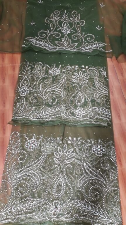 NIGERAIN DARK GREEN BEADED GEORGE FABRIC